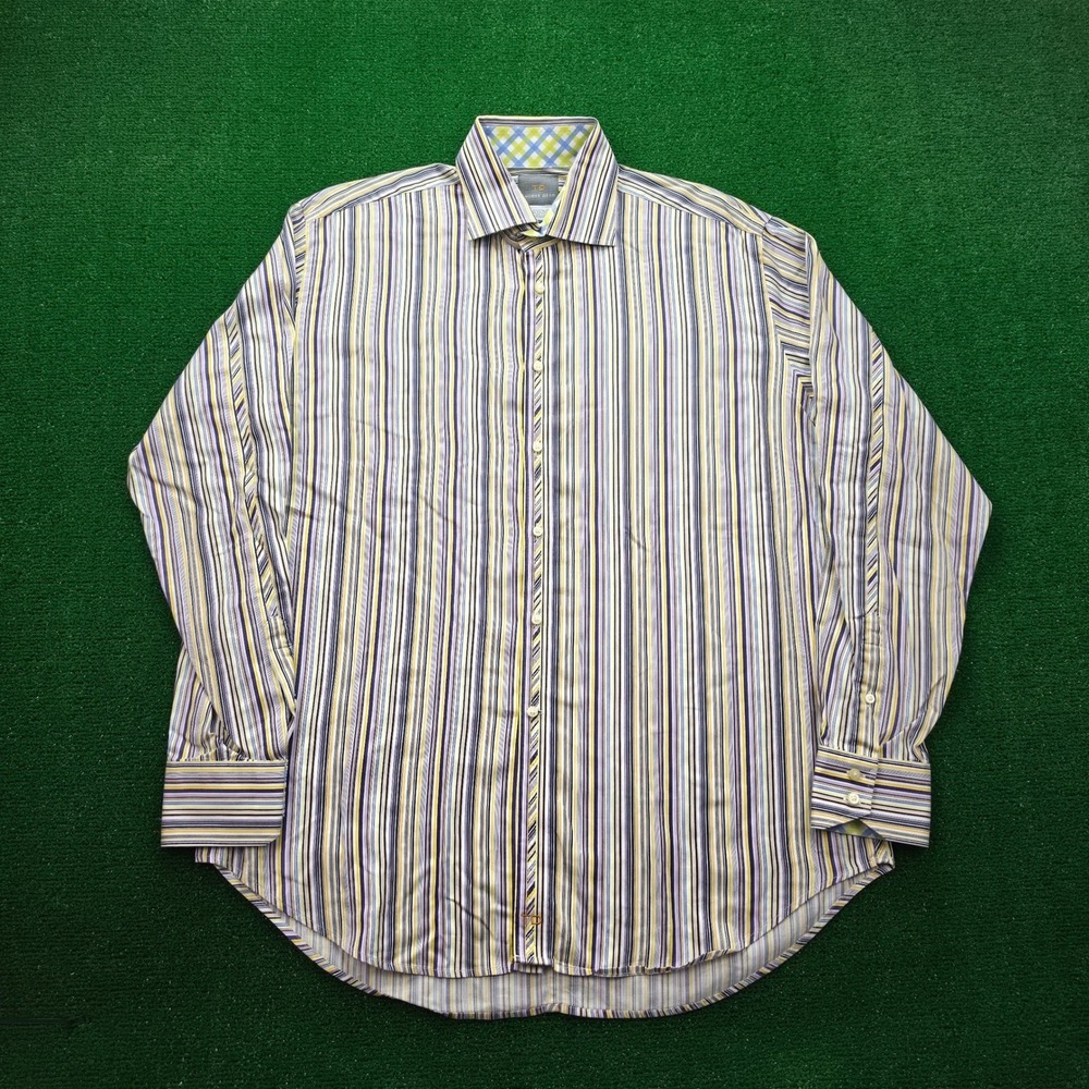 Thomas Dean Dress Shirt Mens XL Striped Button Up Long-Staple 2-Ply Cotton